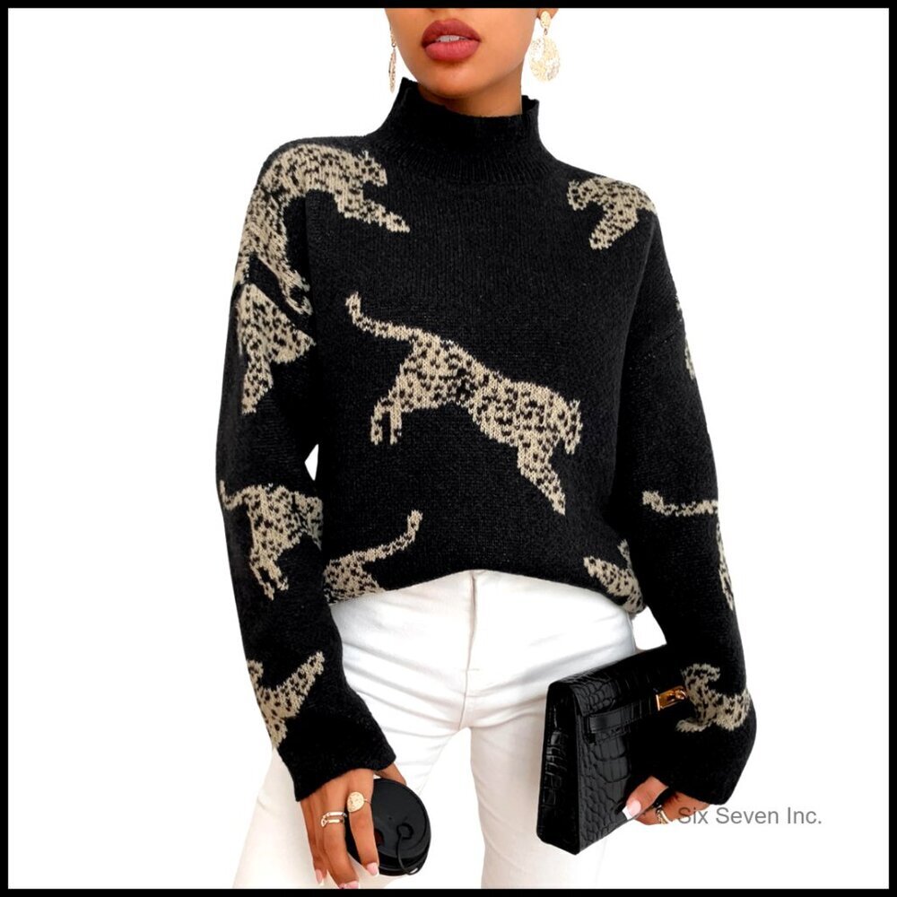 Leopard Print Fuzzy Knit Sweater High Neck Pullover Top Y2K Chic
